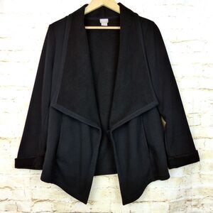 Chicos Zenergy Cardigan Women 2 Black Drape Open Front Shawl Collar Fleece Lined